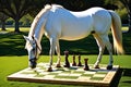 Equine Strategy: Horse Effortlessly Dominates Chessboard on Natural Grass Squares, Late Afternoon Sunlight