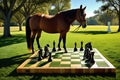 Equine Strategy: Horse Effortlessly Dominates Chessboard on Natural Grass Squares, Late Afternoon Sunlight Royalty Free Stock Photo