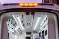 Equipment for ambulances. View from inside, taken from the rear doors, ready to attend emergencies Royalty Free Stock Photo