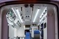 Equipment for ambulances. View from inside, taken from the rear doors, ready to attend emergencies Royalty Free Stock Photo