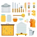 Equipment beekeeper and honeycomb vector flat material design set. Face shield, honey spoon, honeycomb, smoker, hive