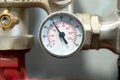 The equipment of the boiler-house, valves, tubes, pressure gauges, thermometer Royalty Free Stock Photo