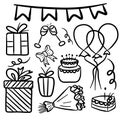 Equipment for celebrating happy birthday party. Cake, air balloons, bouquet of flowers, gift boxes, cheers, wineglasses, bow. Royalty Free Stock Photo