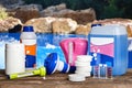 Equipment with chemical cleaning products and tools for the maintenance of the swimming pool. Royalty Free Stock Photo
