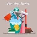 Equipment Cleaning service concept. Poster template for house cleaning services with various tools Royalty Free Stock Photo