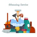 Equipment Cleaning service concept. Poster template for house cleaning services with various tools. Flat vector Royalty Free Stock Photo