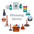 Equipment Cleaning service concept. Poster template for house cleaning services with various tools Royalty Free Stock Photo