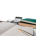 Equipment on the desk, calculator, pen, chart. Royalty Free Stock Photo