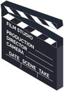 Equipment of filming, film creation. Clapperboard, movie clapper as symbol of cinematograph