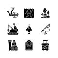 Equipment for fishing black glyph icons set on white space Royalty Free Stock Photo