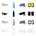 Equipment goggles, water bottle, flashlight on the bicycle handlebars, elbow pads. Cyclist outfit set collection icons