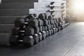 Equipment, gym weights and floor of room or empty facility for fitness, sports and exercise club mockup. Dumbbells Royalty Free Stock Photo