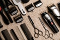 Equipment for hairdressing service on table. Top view. Barbershop. Royalty Free Stock Photo