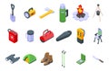 Equipment for hike icons set, isometric style