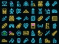 Equipment for hike icons set vector neon