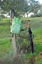 Equipment of hiker, backpack and umbrella Royalty Free Stock Photo