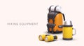 Equipment for hiking tourism. Realistic backpack, binoculars, thermos