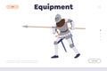 Equipment for historic knight tournament role game landing page template with medieval warrior