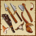 Equipment of a hunter, big set of ancient weapons