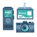 Equipment for journalist. Digital dictaphone or voice recorder, press badge and photo camera.