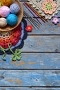 Equipment for knitting and crochet hook, colorful rainbow cotton yarn, ball of threads, wool, knitted elements, napkin . Granny Royalty Free Stock Photo