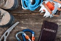 Equipment for mountaineering and hiking on wooden background. Royalty Free Stock Photo