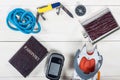 Equipment for mountaineering and hiking on wooden background. Royalty Free Stock Photo