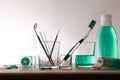 Equipment for oral hygiene on wooden table with backlighting