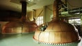 Equipment for preparation of beer. Lines of cooper tanks in brewery. Manufacturable process of brewage. Mode of beer Royalty Free Stock Photo