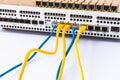 The equipment of radio base station, SFP modules, blue and yellow patch cords. Internet. Communication. Network Royalty Free Stock Photo