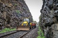 Equipment for removing vulnerable rocks on the side of railway track as pre-monsoon work in Indian Railways.