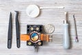 Equipment for replacing battery in wristwatch Royalty Free Stock Photo