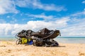 Equipment of a scuba diver, an oxygen balloon lies on the beach. Diving, equipment, fins, balloons, masks Royalty Free Stock Photo