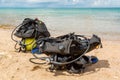 Equipment of a scuba diver, an oxygen balloon lies on the beach. Diving, equipment, fins, balloons, masks Royalty Free Stock Photo