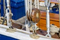 Equipment of a ship - ropes, idler pulley, shackle - deck of a boat Royalty Free Stock Photo