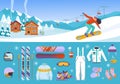 Equipment skiers and snowboarders set. Warm white jumpsuit with wool socks descent boards and professional skiing with