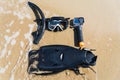 Equipment for snorkeling and freediving. Snorkel and mask and fins for diving and an action camera on a selfie stick Royalty Free Stock Photo