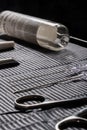 Body piercing equipment on a sterile mat in a tattoo shop Royalty Free Stock Photo