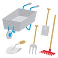 Equipment Tool Garden Wheelbarrow Spade Rake Fork Hoe Trowel Cartoon Vector