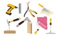 Equipment and Tools for Construction and Repair Works with Electric Drill and Pliers Vector Set Royalty Free Stock Photo