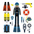 Equipment for underwater sport. Gas, scuba wetsuit and flippers