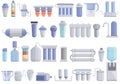 Equipment for water purification icons set, cartoon style