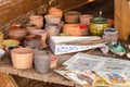 Equipment and workshop of a medieval scribe and painter. Organic colors papyrus and medieval paintings.