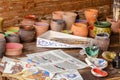 Equipment and workshop of a medieval scribe and painter. Organic colors papyrus and medieval paintings.