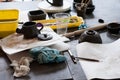 Equipments and handcraft tools on working table ready to make ceramic work, art hobby Royalty Free Stock Photo
