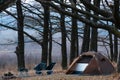 Equipped camp in the forest. Camping tent and portable chairs and aluminum table. Cold autumn day. concept of vacation and outdoor Royalty Free Stock Photo