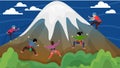 Equipped group of people alpinists men women climbing high mountain with snow peak flat vector illustration