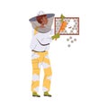 Equipped Man Beekeeper or Apiarist with Honeycomb and Brush Vector Illustration