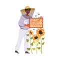 Equipped Man Beekeeper or Apiarist with Honeycomb Gathering Sweet Honey from Beehive Vector Illustration