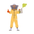 Equipped Man Beekeeper or Apiarist with Smoker Showing Thumb Up Hand Gesture Vector Illustration